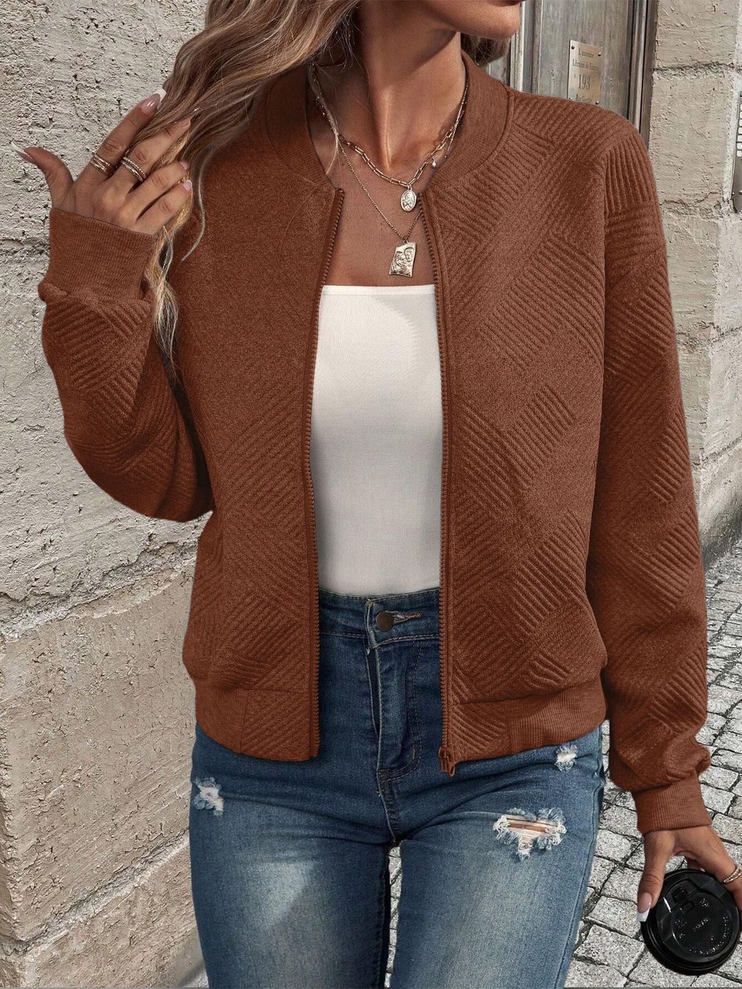 Women's Textured Zip-Front Knit Cardigan