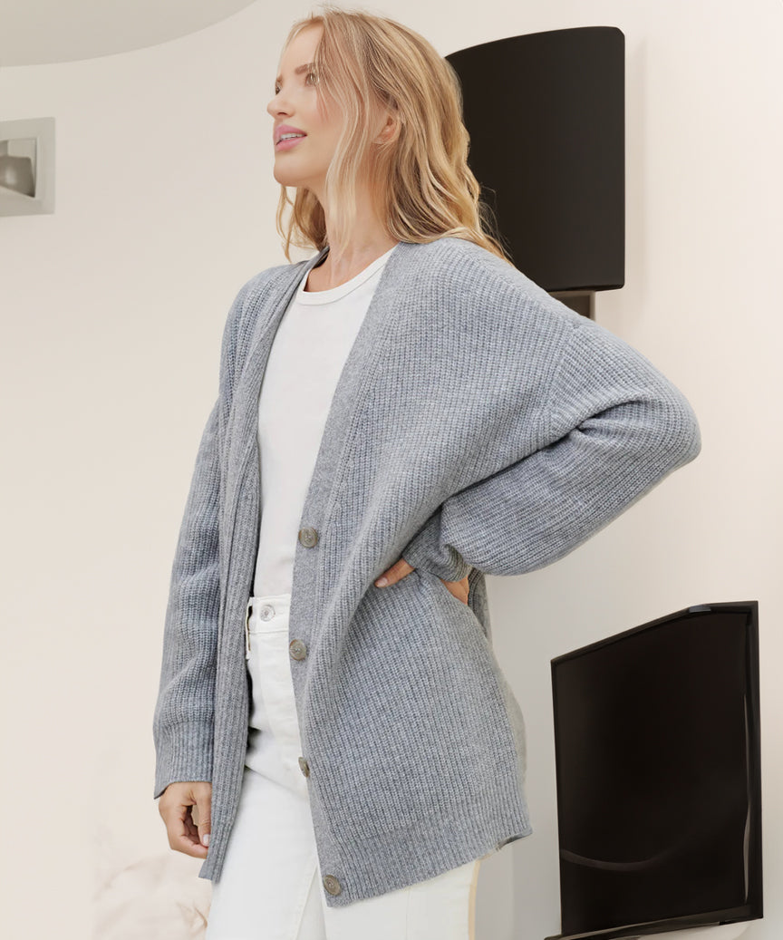 Women's V-Neck Ribbed Button-Front Cardigan