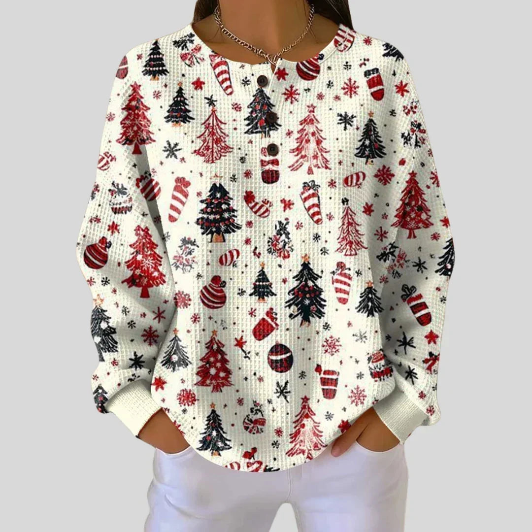 Women's Christmas Jumper Tree Print Waffle Knit Crew Neck