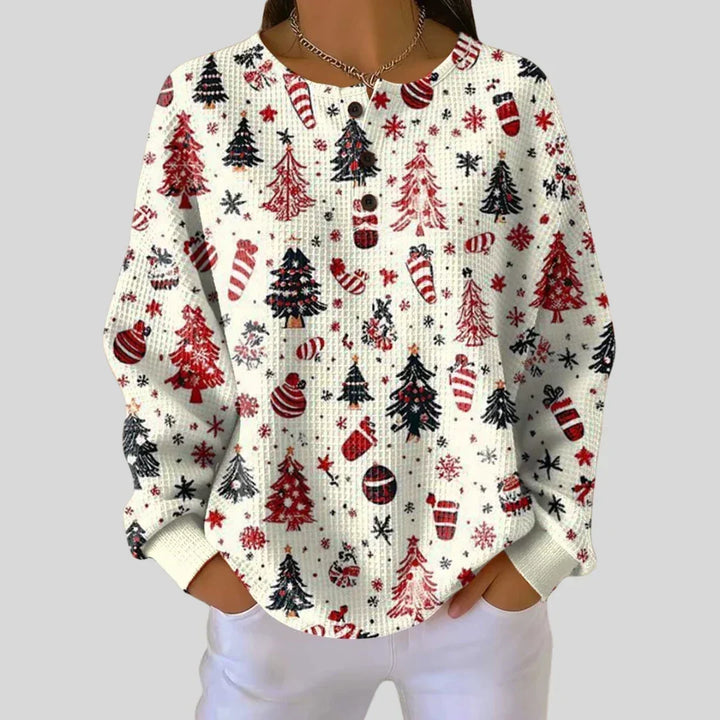 Women's Christmas Jumper Tree Print Waffle Knit Crew Neck