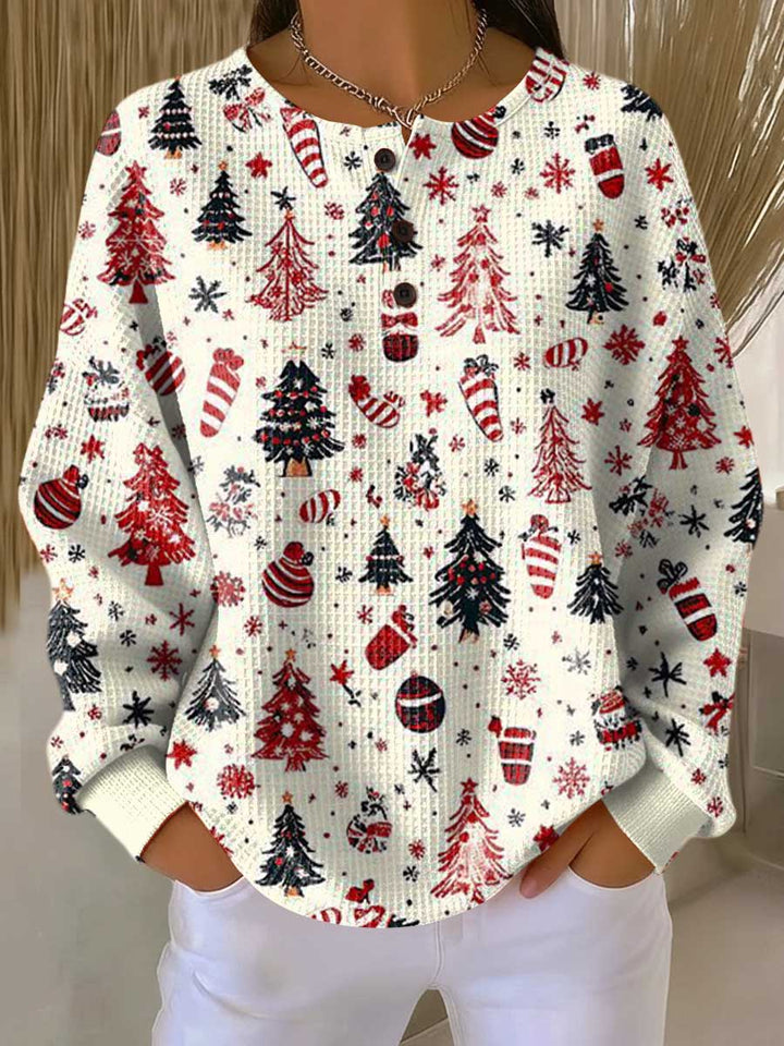 Women's Christmas Jumper Tree Print Waffle Knit Crew Neck