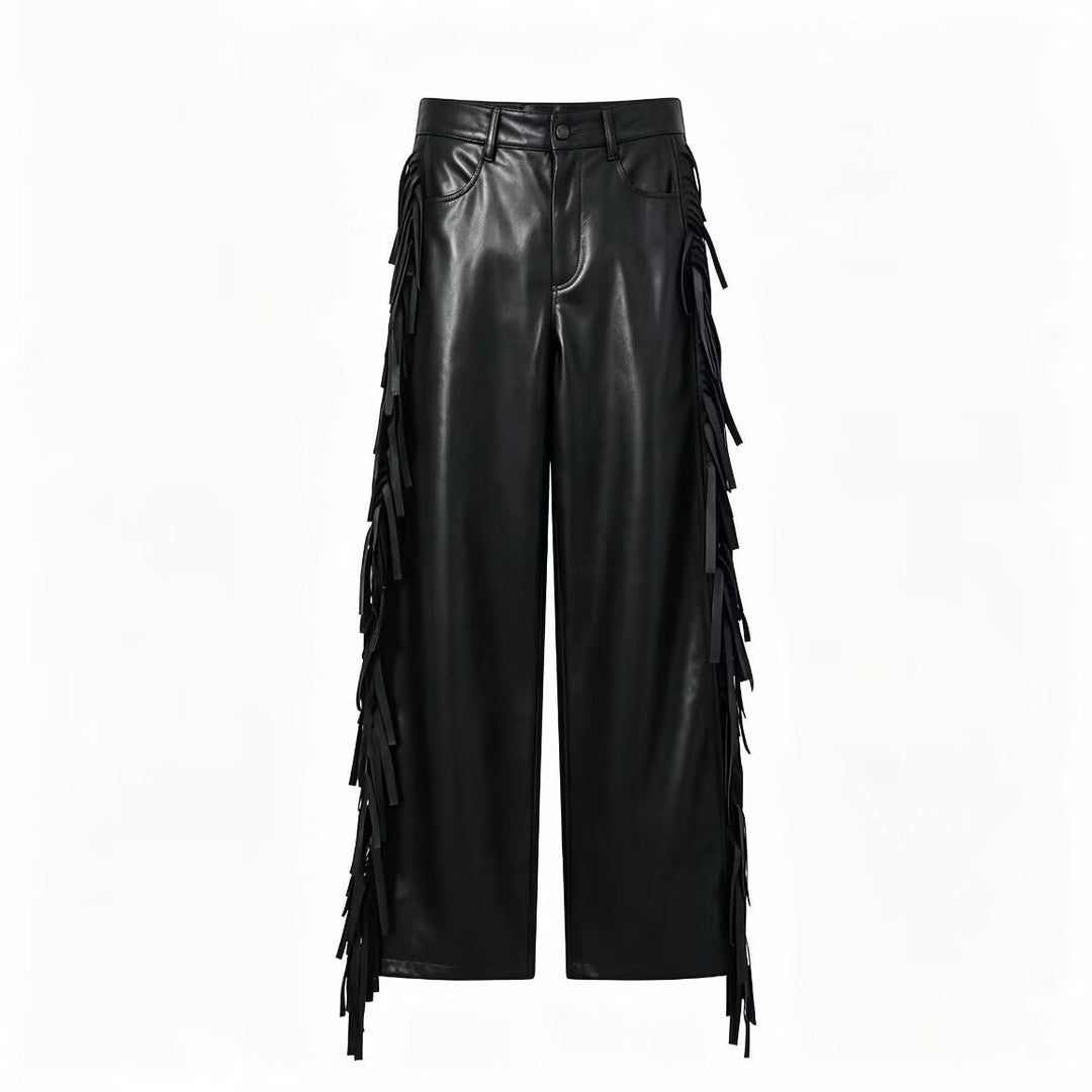 Women's Wide-Leg Faux Leather Trousers with Fringe Detail