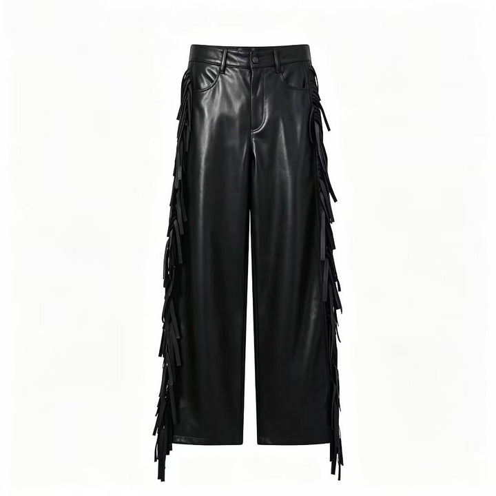 Women's Wide-Leg Faux Leather Trousers with Fringe Detail