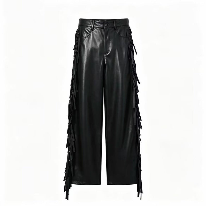 Women's Wide-Leg Faux Leather Trousers with Fringe Detail