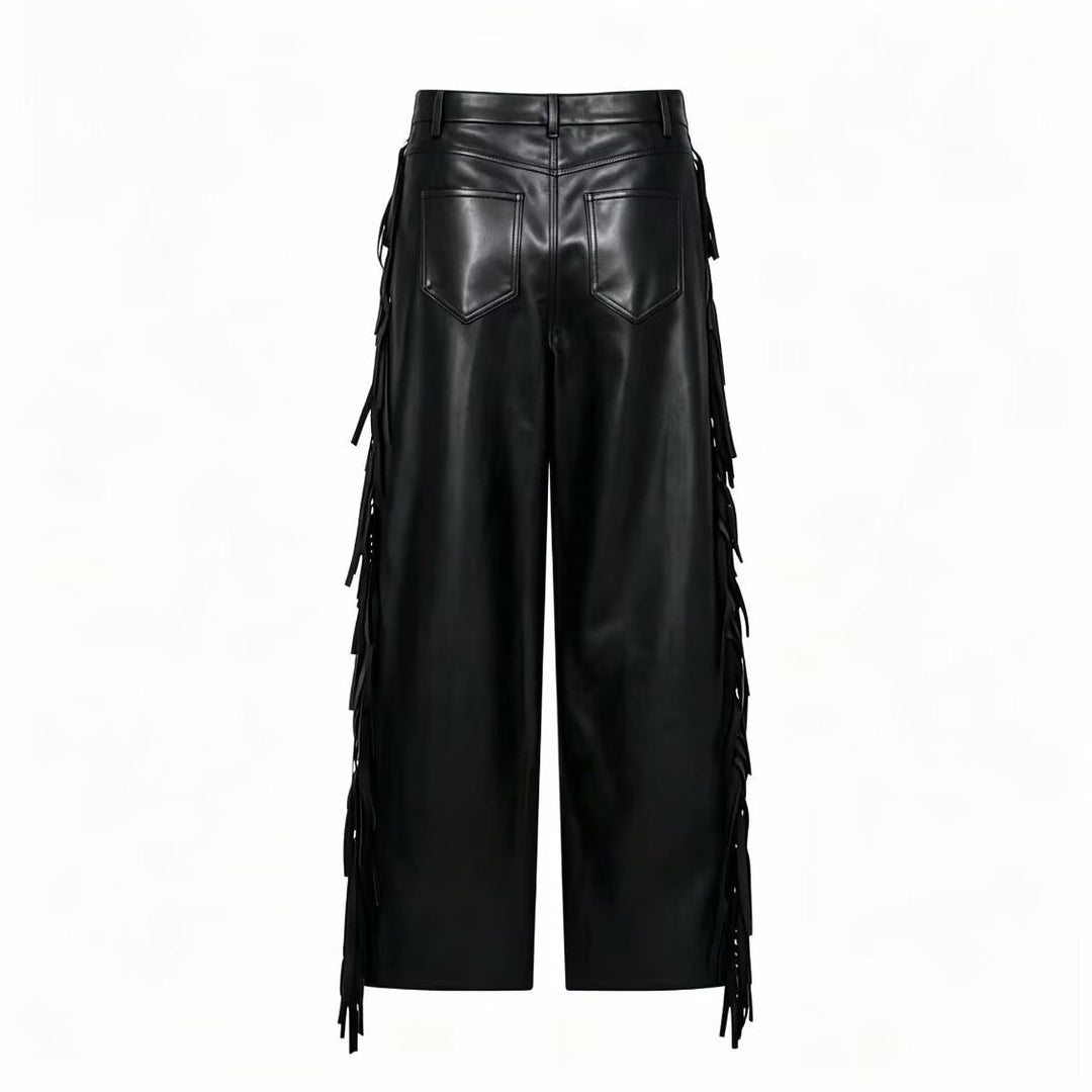 Women's Wide-Leg Faux Leather Trousers with Fringe Detail