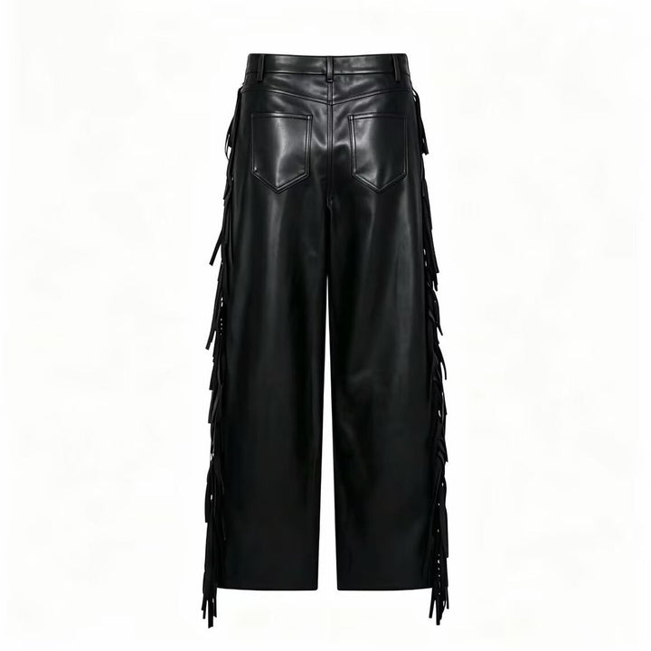 Women's Wide-Leg Faux Leather Trousers with Fringe Detail