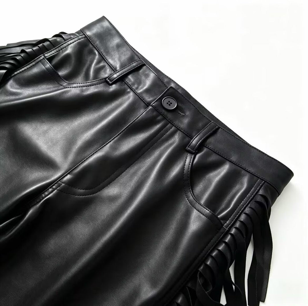 Women's Wide-Leg Faux Leather Trousers with Fringe Detail