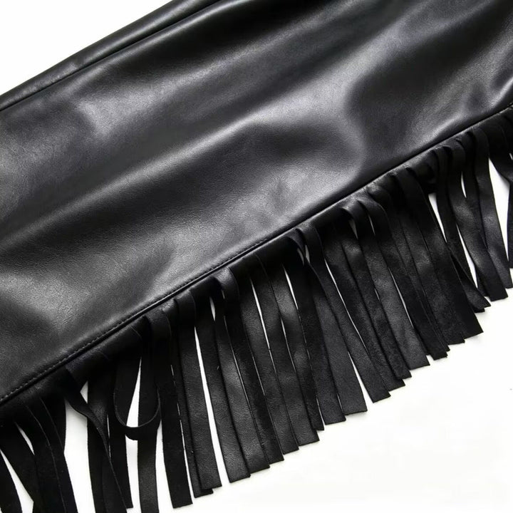 Women's Wide-Leg Faux Leather Trousers with Fringe Detail