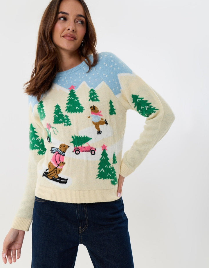 Women's Christmas Jumper Skiing Bear Winter Scene in Beige