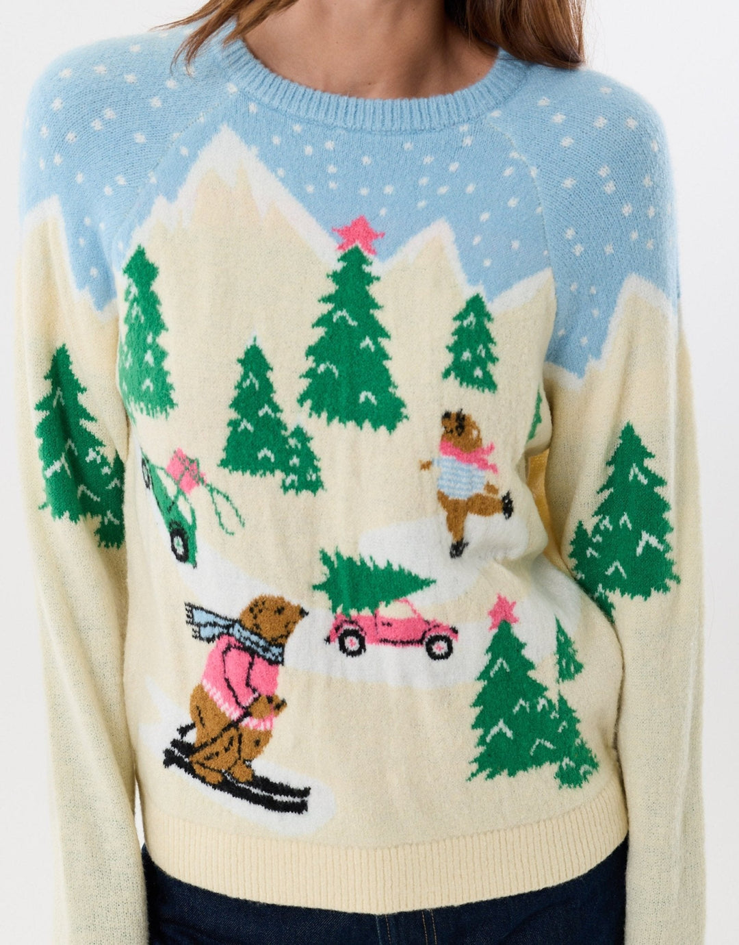 Women's Christmas Jumper Skiing Bear Winter Scene in Beige