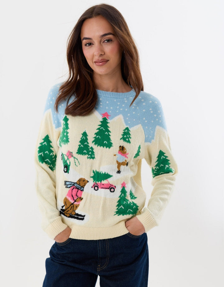 Women's Christmas Jumper Skiing Bear Winter Scene in Beige
