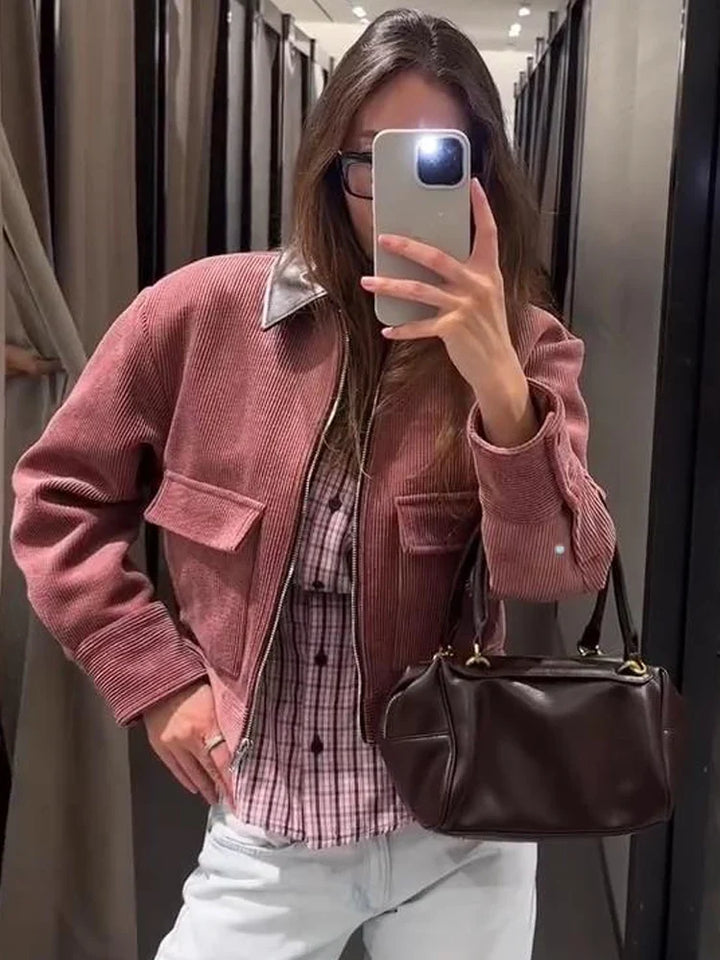 Women's Zip-Front Cropped Ribbed Bomber Jacket