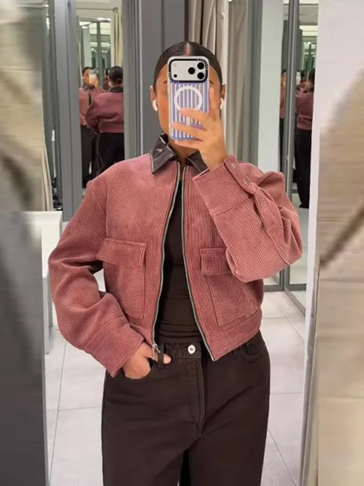 Women's Zip-Front Cropped Ribbed Bomber Jacket
