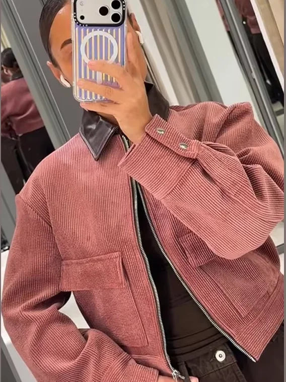 Women's Zip-Front Cropped Ribbed Bomber Jacket