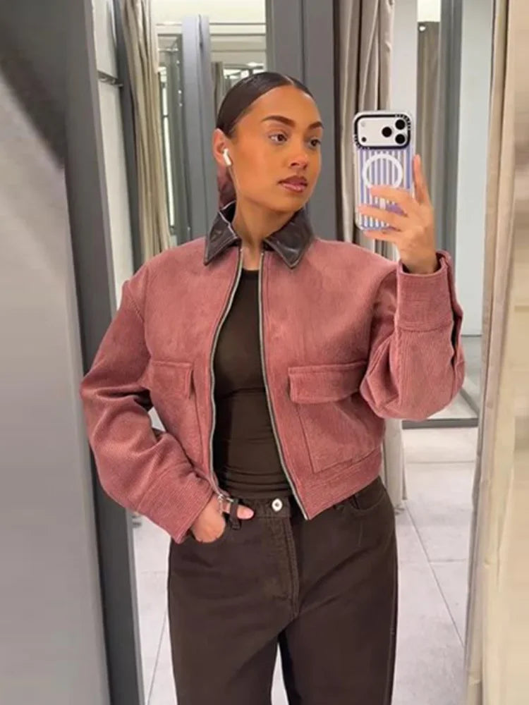 Women's Zip-Front Cropped Ribbed Bomber Jacket