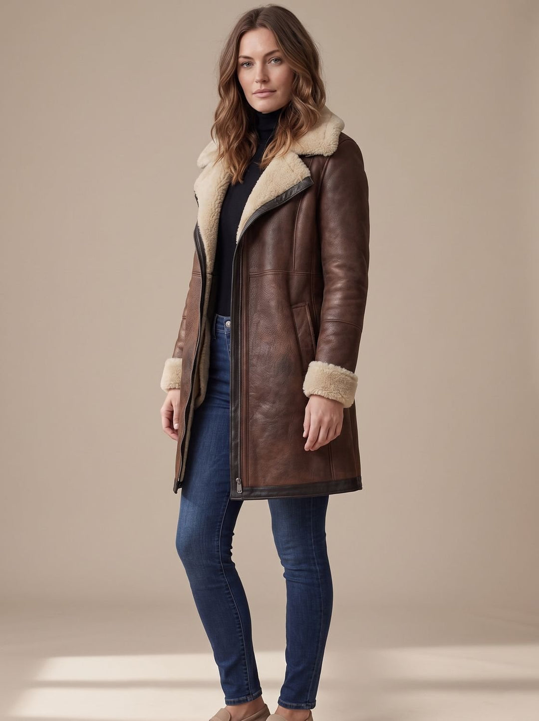 Women's Zip-Front Mid-Length Coat with Collar Trim