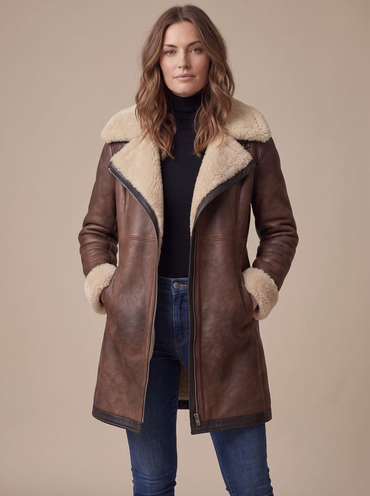 Women's Zip-Front Mid-Length Coat with Collar Trim