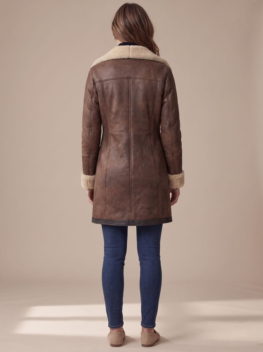 Women's Zip-Front Mid-Length Coat with Collar Trim