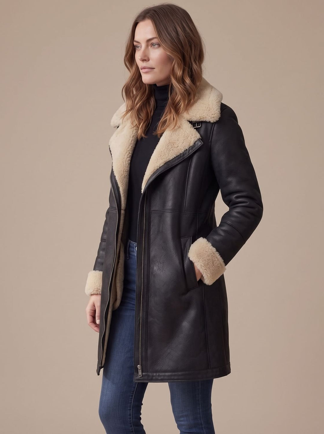 Women's Zip-Front Mid-Length Coat with Collar Trim