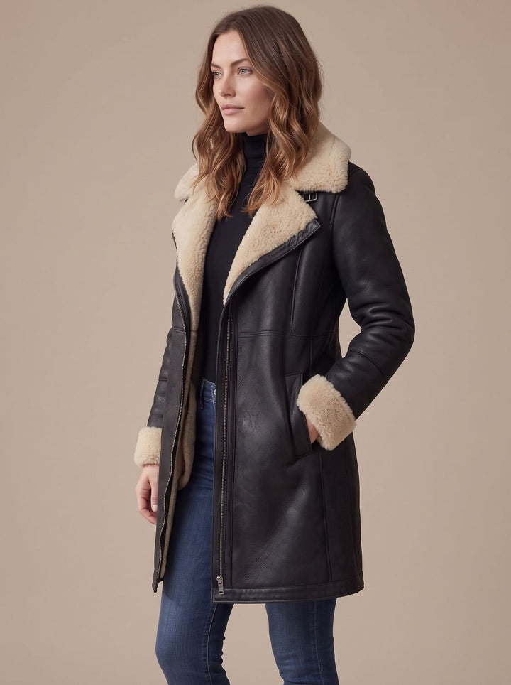 Women's Zip-Front Mid-Length Coat with Collar Trim