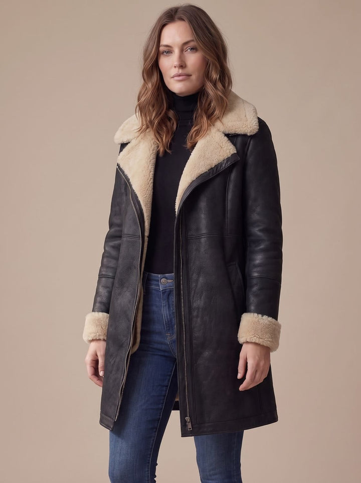 Women's Zip-Front Mid-Length Coat with Collar Trim