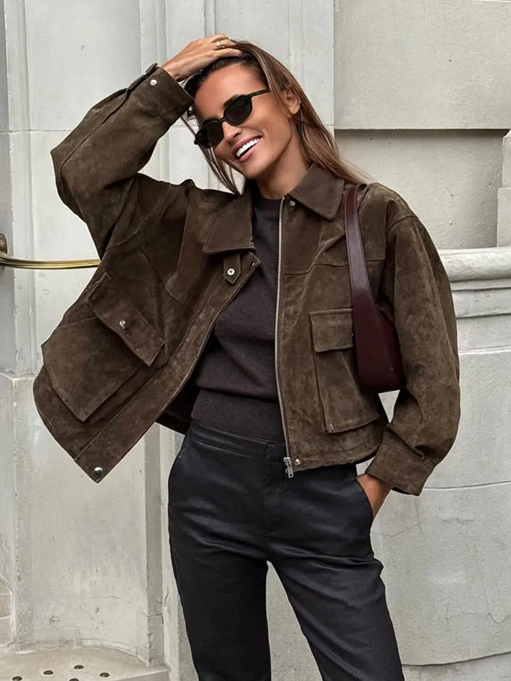 Women's Zip-Up Utility Jacket with Turn-Down Collar