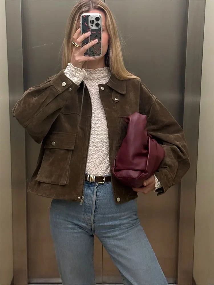 Women's Zip-Up Utility Jacket with Turn-Down Collar