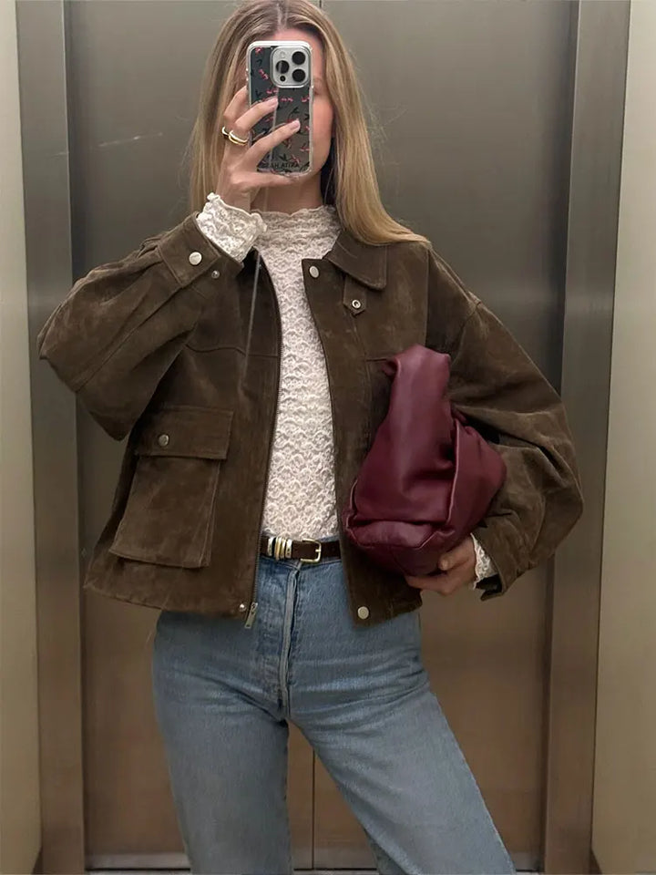 Women's Zip-Up Utility Jacket with Turn-Down Collar