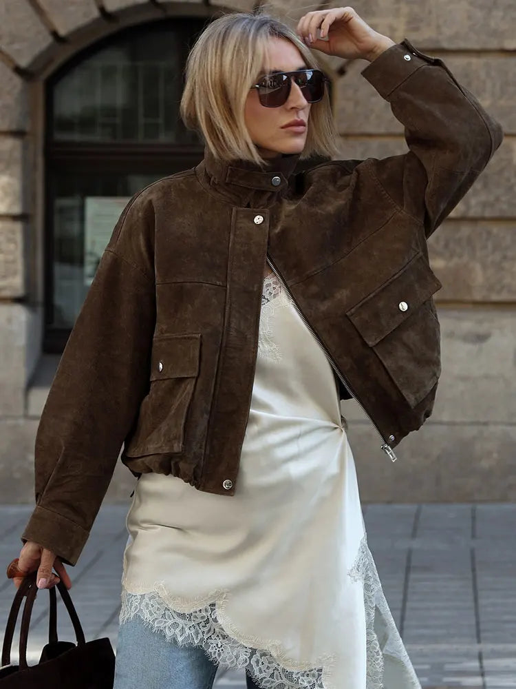 Women's Zip-Up Utility Jacket with Turn-Down Collar