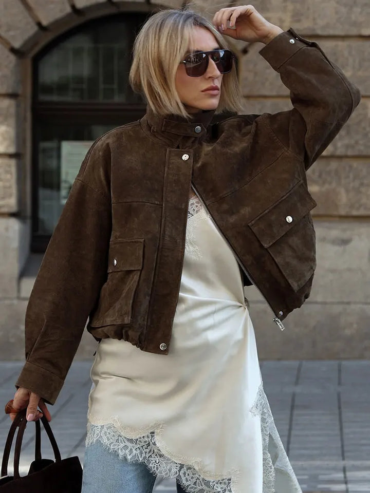 Women's Zip-Up Utility Jacket with Turn-Down Collar