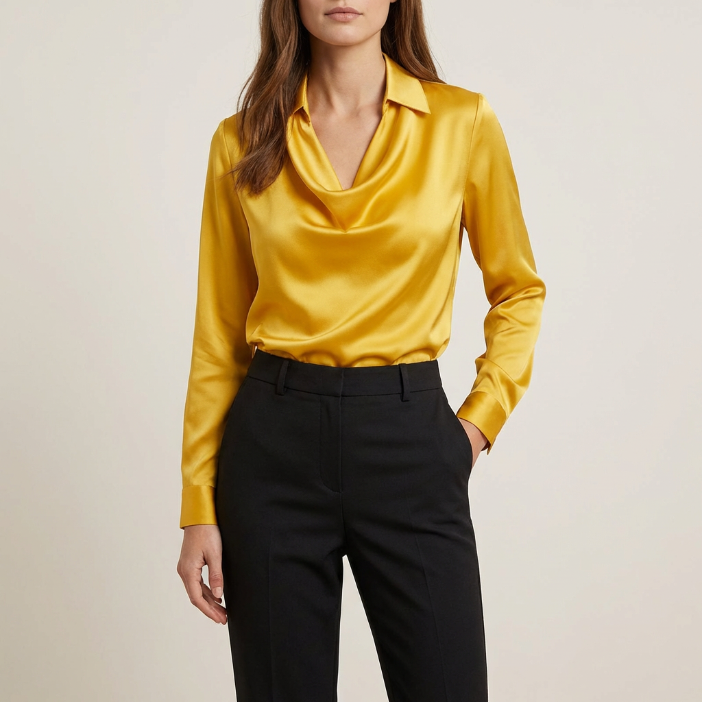 Satin damebluse med draperet halsudskæring